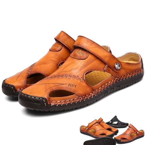 Soft Leather Men's Outdoor Sandals, Hand Stitching Outdoor Closed Toe Leather Sandals Athletic Strap Adjustable Outdoor Beach Shoes
