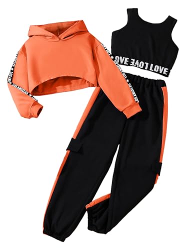 Image of Hilinker Girls Graphic 3 Piece Outfits Workout Hoodie Crop Tank and Sweatpants Set