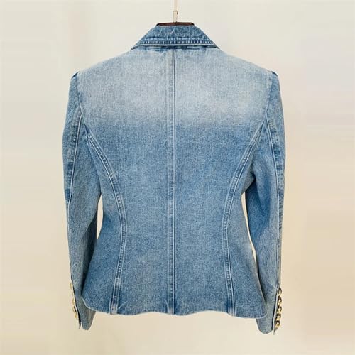 Women Notched Washed Denim Outwear Jackets Double Breasted Slim Short Casual Blazer3