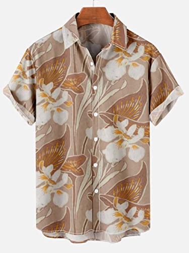 Chemise hawaïenne homme chemise de plage manches courtes kaki imprimé feuilles t-shirt de fête