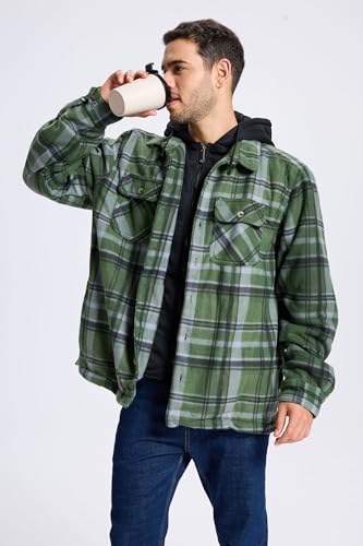 Image of TanBridge Men's Cotton Plaid Shirts Jacket Full Zip Fleece Flannel Sherpa Lined Hoodies Heavyweight Hoodies Jacket for Men