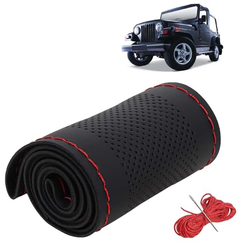 Image of KINGSWAY PU Leatherite Car Steering Cover Sewable Compatible with Mahindra Thar (Year 2010-2019), Black Color with Red Thread, Pack of 1 with Sewing Needle and Thread