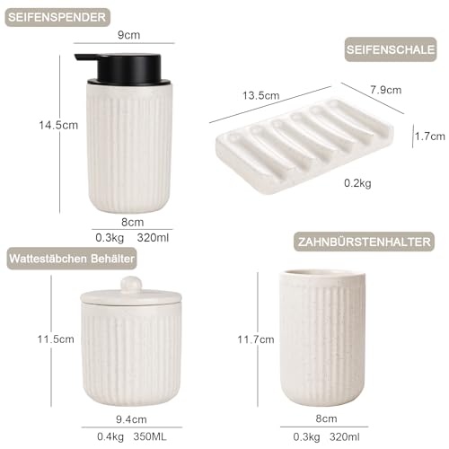 Badezimmer Set Beige UMLACA Bad Zubehör Keramik 4-Teiliges Enthält 350ml Schaumseifenspender,Zahnputzbecher,Seifenschale,Wattestäbchen Behälter,Edle Badezimmer Deko