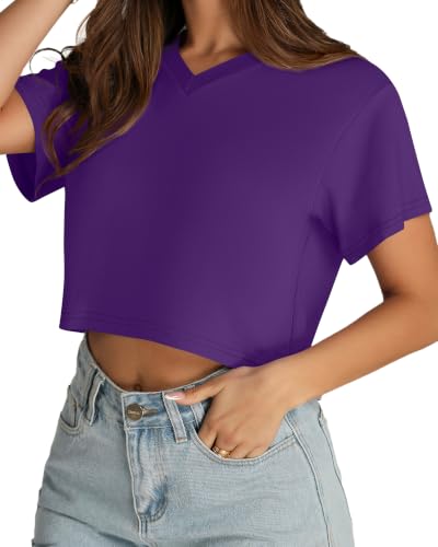 Image of Womens Crop Tops Short Sleeve V Neck Summer Cropped T Shirts Baisc Tees