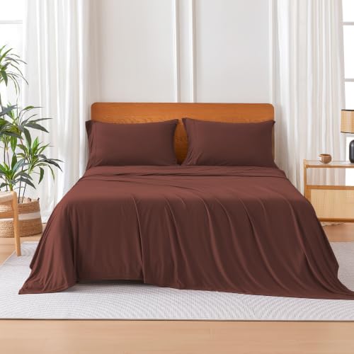 Image of Amazon Basics Jersey Knit 4-Piece Sheet Set, Wrinkle Resistant and Easy Fit, Includes 16 inch Deep Pocket Fitted Sheet, 1 Flat Sheet and 2 Pillowcases, Queen, Burgundy