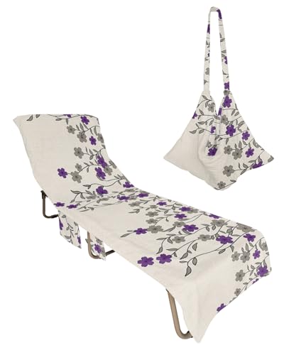 Purple Grey Weeping Floral Beach Lounge Chair Towel Cover, Soft Chaise Lounge Towel with Side Pockets Patio Pool Chairs Cover for Beach/Pool Sunbathing 29x85 Chic Summer Botanical Rustic