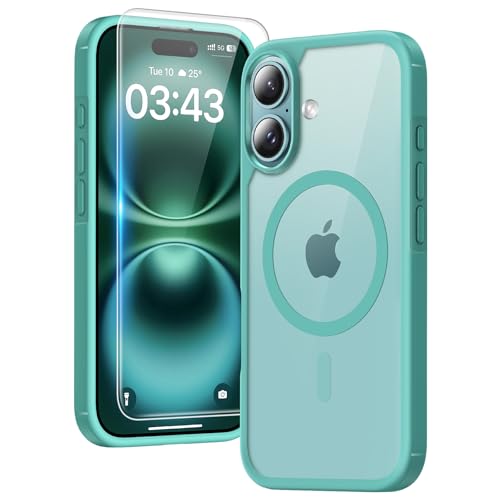 Image of TAURI for iPhone 16 Case, Compatible with MagSafe, Green | with Screen Protector, Not-Yellowing Military-Grade Protection, Shockproof Slim Magnetic Case for iPhone 16