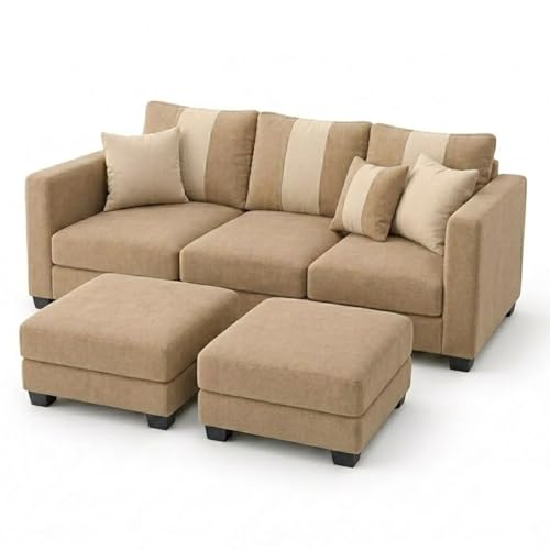 Image of Revo 5 Seater L Shape Sofa Set with 2 Movable Ottomans | Flexible Layout | Luxury Velvet Suede Fabric | Modern Living Room Sofa | Beige