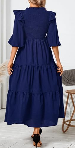 Image of Women Casual Lantern Sleeve Ruffle V Neck Fall Dress Boho Flowy Maxi Dresses Tiered Cocktail Long Dress