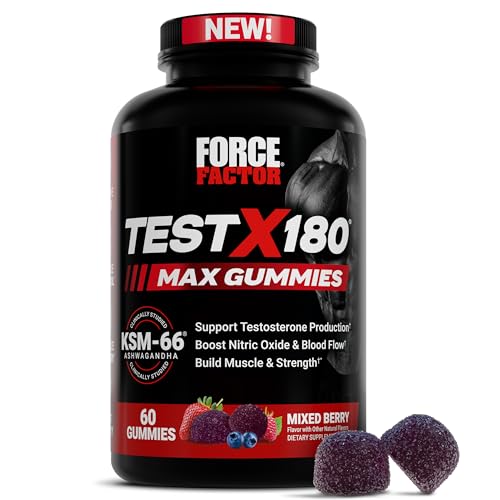 Force Factor Test X180 Max Gummies, Testosterone Booster Supplement for Men, with KSM-66 Ashwagandha to Support T Levels, Strength & Vitality, Mixed Berry, 60 Gummies