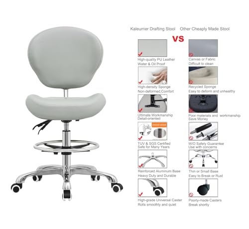 Kaleurrier Adjustable Stools Drafting Chair with Backrest & Foot Rest Tilt Back Swivel Seat Rolling Wheels for Studio Dental Office Salon and Counter Armless Tall Home Desk Chairs (Grey) - Thumbnail 4
