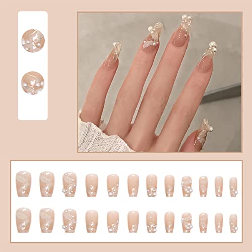 24 Pcs Coffin Press On Nails Long French Tip Fake Nails Nude Glue On Nails With Pearl Gem Design Full Cover Acrylic Nails Artificial Ballerina False Nails For Women Girls Manicure Decorations #TOP1