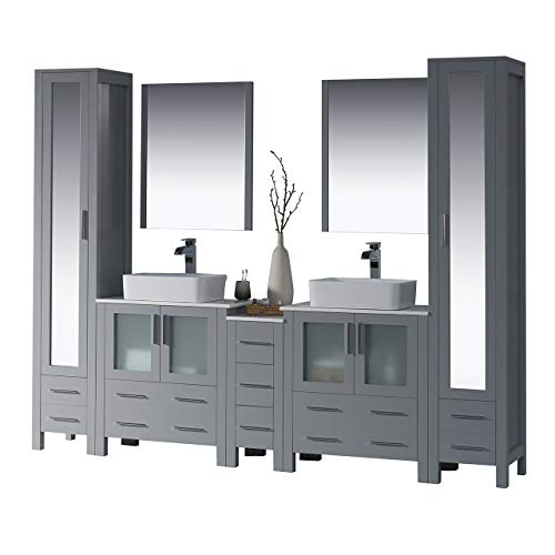 Blossom 102" Solid Wood Double Vessel Sink Bathroom Vanity Set - Complete Master Suite with 2 Mirrors, 2 Linen Closets & Side Cabinet - Metal Grey Finish, Furniture-Grade, Fully Assembled Cabinetry