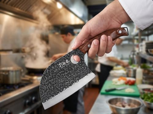 3PCS Butcher Knife Set, 7" Butcher Meat Cleaver, 7" Serbian Chef Knife and 6.5" Viking Knife, Hand Forged Kitchen Knife Set with Plastic Handle, Geat for Home, Camping, BBQ (Unique Finger Hole Design) - 3