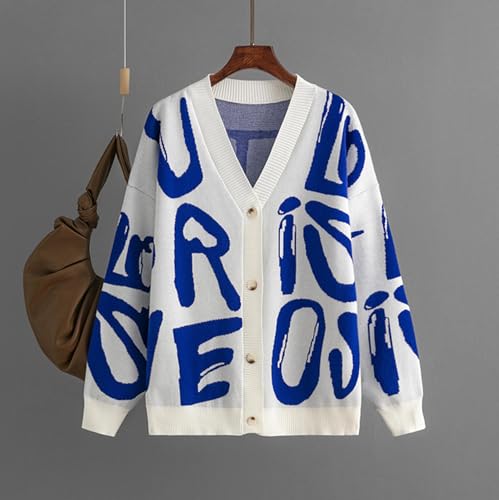 Image of Women's Knit Long Sleeve Open Front Cardigan V-Neck Button Down Letter Pattern Sweater Coat Outwear