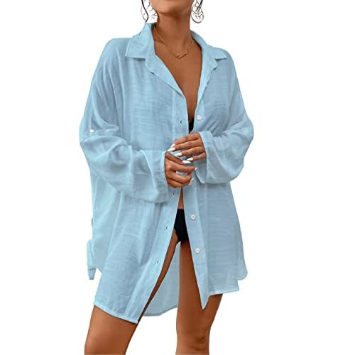 Bsubseach Women Button Down Beach Shirt Cover Up for Swimwear Blouse Tops P-blue