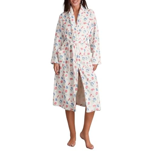 Women Fleece Floral Fruit Print Robe Soft Plush Flannel Bathrobe for Women Cute Lightweight Robe with Belt