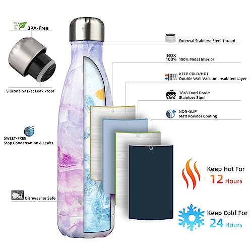 Image of Konokyo Insulated Water Bottles,17 oz Double Wall Stainless Steel Vacumm Metal Flask for Sports Travel,Marble Dawn