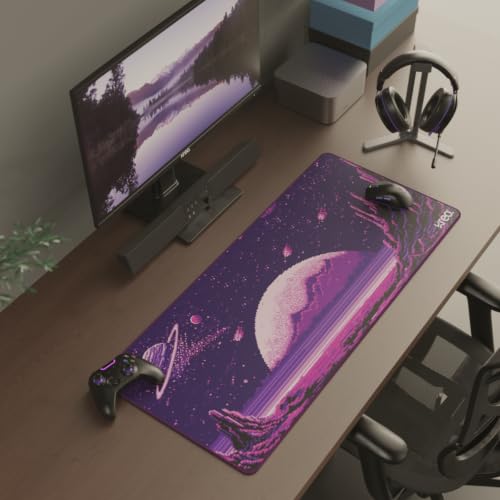 Image of Kreo Terra XXL Deskmat Premium Glass - Smooth Surface, 4mm Cushioned Base, Anti-Fray Stitched Edges - 900x400mm Large Desk Pad for Gaming & Work (Pixel Dream)