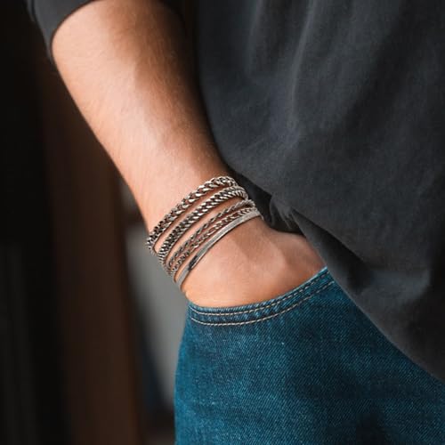 RANKEEF 5PC Chain Bracelet for Men - Stainless Steel Figaro Rope Cuban Link Set 7.5/8.3/9 Inches Mens Silver Bracelet- Gifts for Dad, Husband, Boyfriend2
