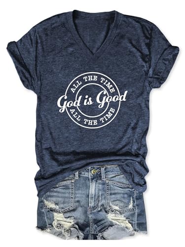 Christian Shirts for Women God is Good All The Time Letter Print Shirt V Neck Short Sleeve Tee Bible Verses Tops Dark Blue
