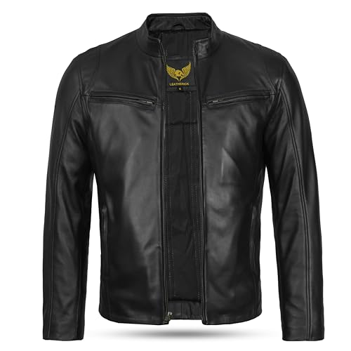 Leatherick Jaqueta masculina de couro para motociclista – Jaqueta de motocicleta preta com zíper e v