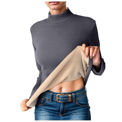 TIMIYUYU Damen Oberteil Thermo Langarm Winter Langarmshirts Thermohemd Warme Unterhemd Fleece Sweatshirts Frauen Winter Casual Outfits Unterhemd Plüsch Gefüttert Thermo Sweatshirt (Dark Gray, XL)