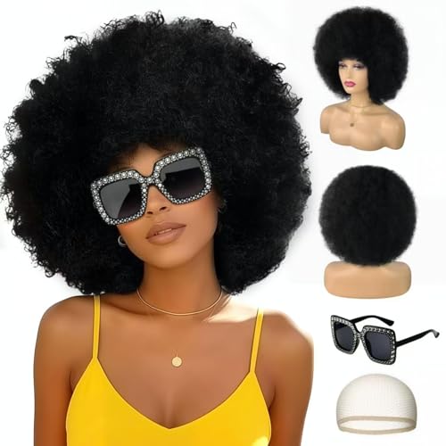 WOKNOW Colored Afro Wigs for Women Men 70s and Disco Sunglasses Set Funny Wig with Curly Bouncy Huge Fluffy Puff and Oversize Retro Rhinestone Sunglasses - for Costume Cosplay Party (Black)