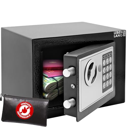LEBENLANG 5L Caja fuerte pequeña para el hogar - Incl. bolsa ignifuga para documentos & llave de emergencia I caja fuertes empotrable mueble caja fuerte con cerradura de combinación Mini safe Cofre