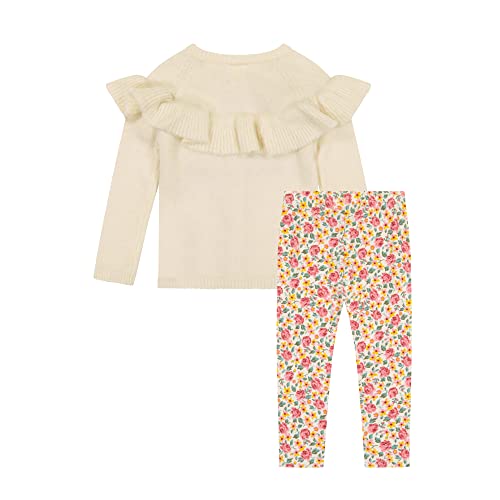 Laura Ashley Flounce Trimmed Baby Girl Sweater & Floral Legging Pants, Fuzzy Knit Cardigan Fall Clothing, Cream/12 Months #TOP1