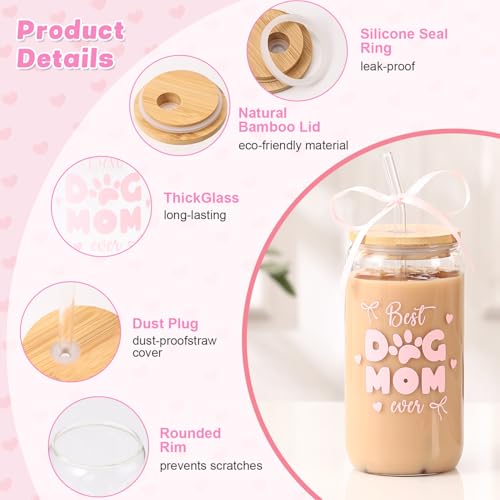 LANGASQUE Dog Mom Gift for Women, 16oz Glass Cup with Lids Straws Pink Bow Gift Box, Christmas Dog Lover Gifts, Dog Mom Gift for Birthday Mothers Day — view 6