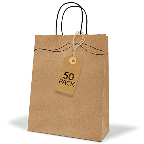 50 Pcs Designer Paper Bags With Handles - High-End Look & Cool Design - Small Gift Bags Bulk- 8.25X4.25X10.5 - Thick & Sturdy Brown Paper Bags With Handles Bulk - Kraft Paper Bags - Brown Gift Bags Bulk, Shopping Bags, Craft Bags, Gift Bag #TOP11