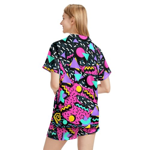 Image of Funny Pajamas for Women Set Print Satin Loungewear Pjs Short Sleeve Button Down Top and Shorts Sets Sleepwear XS-3XL