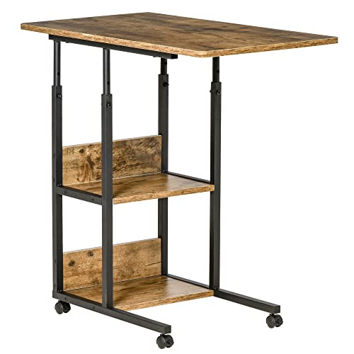 HOMCOM Tavolino da Salotto a C Stile Industriale, Comodino di Design Altezza Regolabile, 3 Ripiani e 4 Ruote con Freno, Marrone Rustico