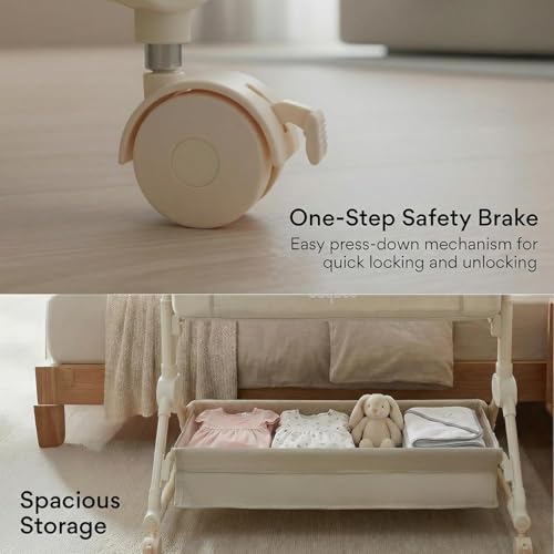 Baybee Baby Crib Bassinet Bedside Sleeper | 4 Adjustable Height Cosleeper for Portable Cradle Newborn Infant Swing with Rocking Mode Mosquito Net Storage Basket Wheels (Beige)