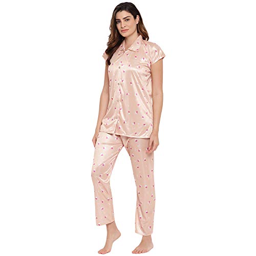 Image of Printed Night Suit for Women - Printed Satin Shirt and Pyjama Set (Front Open Collar Night Suit)
