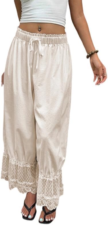 Women Lace Trim Long Bloomers Pants Ruffle Loose Cropped Pantaloons Coquette Pettipants Pajama Bottoms
