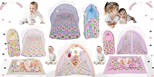 Image of Kwitchy New Born Baby Bedding Combo of Mattress with Net | Sleeping Bag | 4 Pcs Gadda Set (0-6 Months) Pink (3PCS Set)