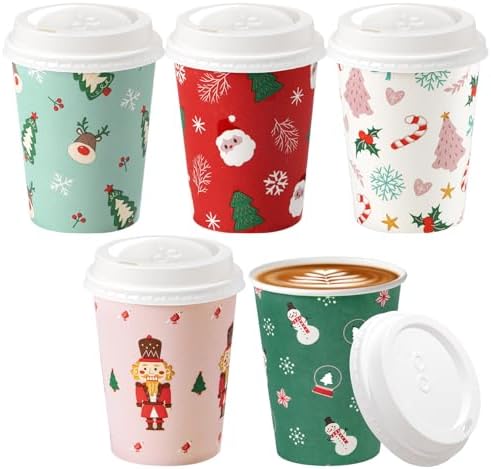 Fit Meal Prep 50 Pack 12 oz Christmas Disposable Coffee Cups with Lids, Premium Paper To Go Paper Cups, Leak Proof Hot Coffee Cups for Travel, Office, Hot/Cold Beverages (White Lids)