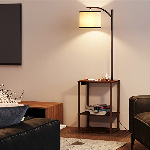Sunmory Floor Lamp With Table, Lamps For Living Room With Charging Station(Usb & Ac Port), Rustic End Table Lamp With Shelves & 3-Color Temperature Led Bulb, Lamp Table For Living Room, Bedroom(Brown) #TOP5