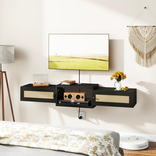 IBUYKE Modern Rattan Floating TV Stand with Doors,Wall Mounted TV Shelf for TVs up to 55 Inches,Media Console Entertainment Center for Under TV Storage Cabinet for Living Room Bedroom,Black UWST012B