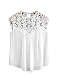 Kragen: Rundhals ROMWE Damen Elegant Ärmellos Chiffon Bluse mit Blumen Spitze Shirt Oberteil Bluse Weiß XS