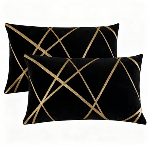 Image of Miuyunya Rectangle Cushion Covers Velvet Decorative 30 x 50 cm Black Throw Pillow Covers Gold Striped Cushion Case Soft Lumbar Couch Pillowcases for Sofa Living Room Bedroom Sets of 2