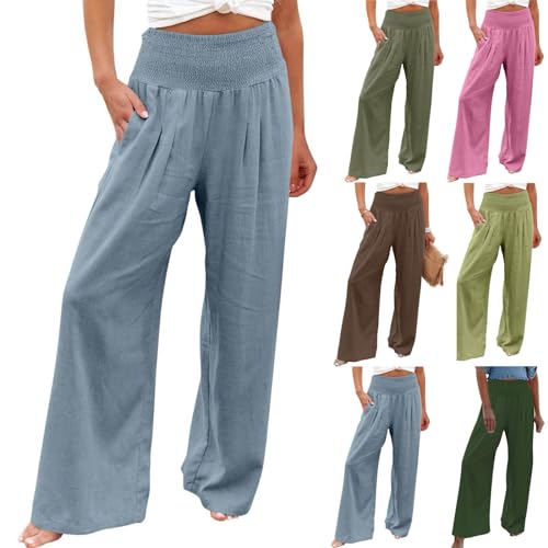 Linen Palazzo Pants for Women Trendy Summer High Waisted Wide Leg Lounge Pant Beach Boho Flowy Trousers