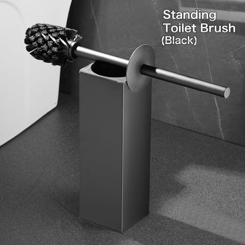 Image of Standing Toilet Brush and Holder Set with Square Base - Toilet Bowl Cleaner and Drip Tray, Black