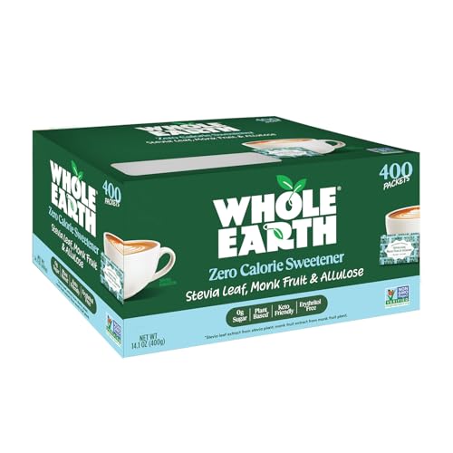 Whole Earth Zero Calorie Stevia, Monk Fruit & Allulose Sweetener Packets, Zero Calorie Sugar Substitute, Keto-Friendly, Non-GMO, No Erythritol, Erythritol-Free, Pouch, 400 Count