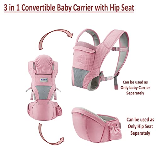 MEDITIVE Newborn New Born Ergonomically Made 3 In 1 Cotton Baby Carrier With Detachable Hip Seat For All Age Group From 3-36 Months Pink