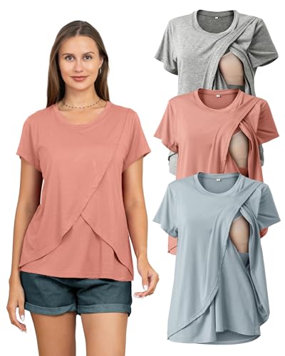 Image of Rnxrbb 3 Pack Women's Nursing Tops for Breastfeeding Summer Short Sleeve T Shirts Postpartum Double Layer Clothes