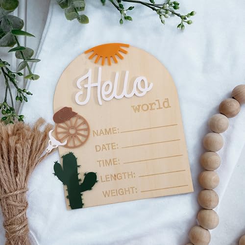 Image of Wooden inchHello World inch Baby Announcement Board - Newborn Birth Sign, Baby Shower Decor, Hospital Nursery Information Board, Baby Milestone Photo Prop, Gender Neutral Keepsake (Cowboy Hat Sun Cactus)