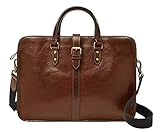 Diese Top Zip Aktentasche aus Ökoleder hat ein gepolstertes Laptopfach, zwei Steckfächer und einen verstellbaren, abnehmbaren Trageriemen.